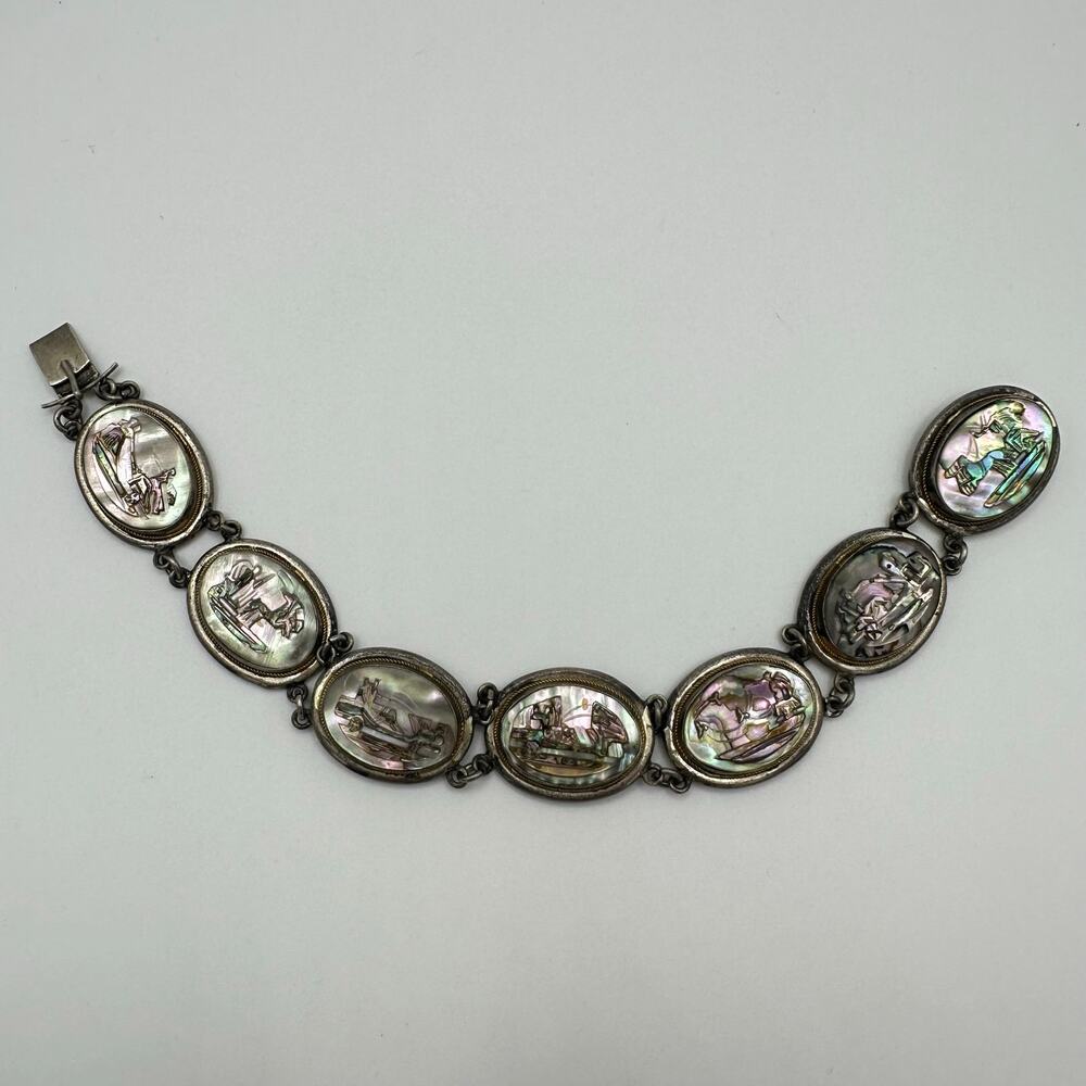 Vintage 800 silver carved genuine abalone shell cameos panel 7.25" bracelet